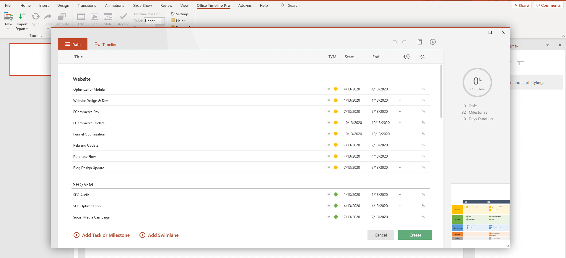Office Timeline Data view