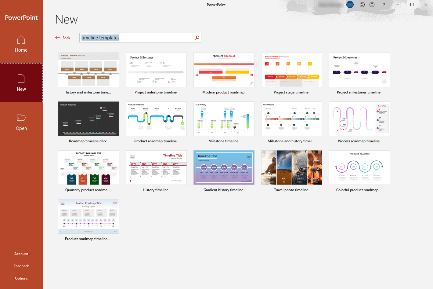 Searching for timeline templates in PowerPoint