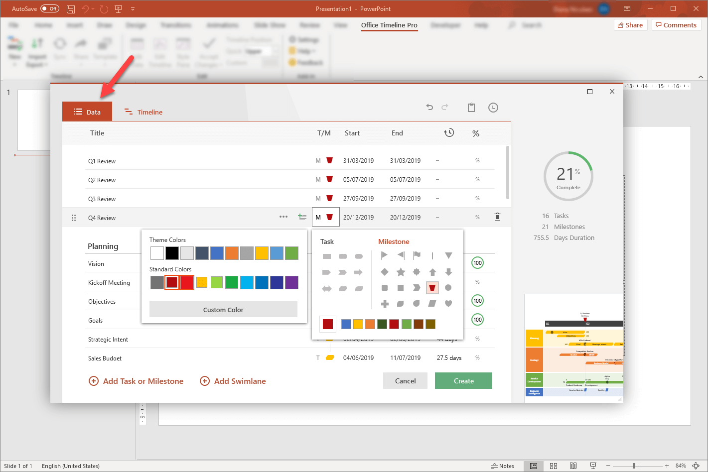 Office Timeline Data view